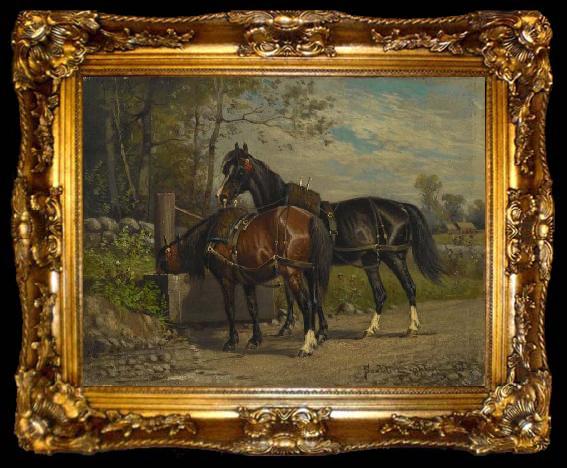 framed  unknow artist Two Horses at a Wayside Trough, ta009-2