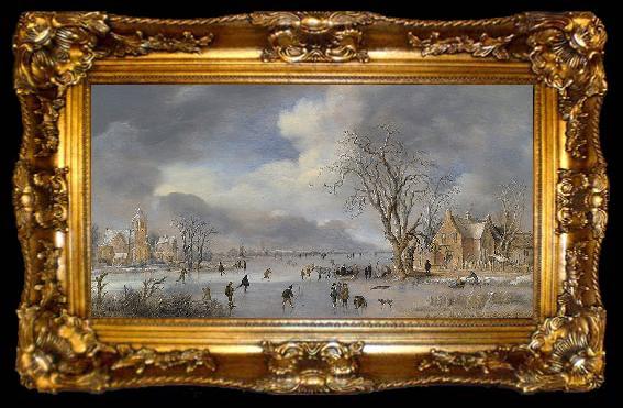 framed  Aert van der Neer A winter landscape with skaters and kolf players on a frozen river, ta009-2