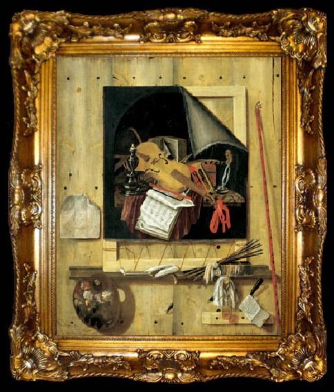 framed  Cornelius Gijsbrechts Trompe l ail mit Atelierwand und Vanitasstillleben, ta009-2