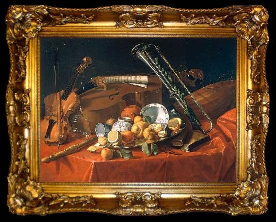 framed  Cristoforo Munari Stilleben mit Musikinstrumenten und Fruchten, ta009-2