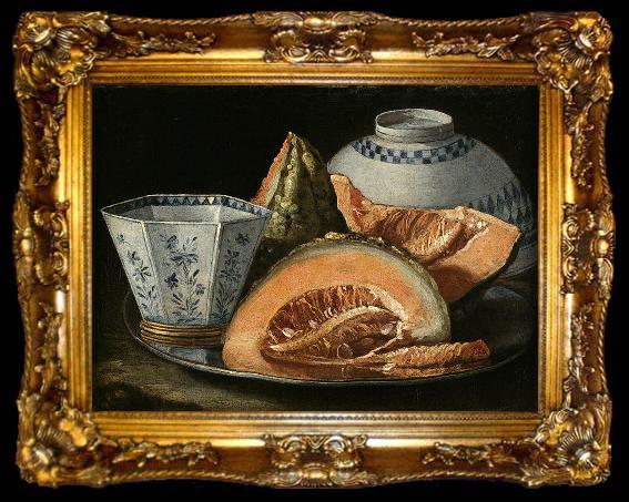 framed  Cristoforo Munari A Still-Life with Melon, an octagonal blue and white cup on a Silver Charger, ta009-2