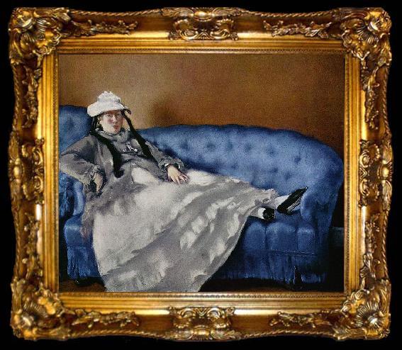 framed  Edouard Manet Portrat der Frau Manet auf blauem Sofa, ta009-2