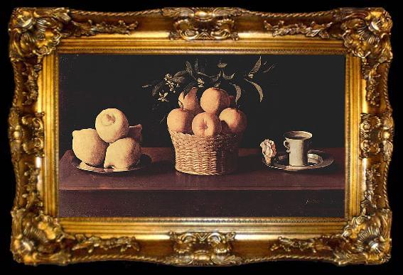framed  Francisco de Zurbaran Teller mit Zitronen, Korb mit Orangen und Tasse mit Rose, ta009-2