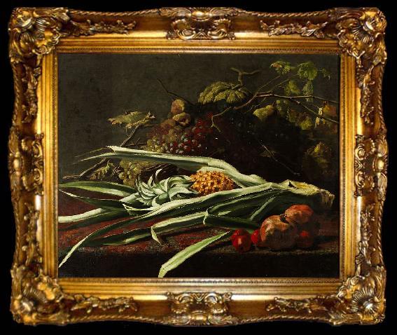 framed  Frans Mortelmans Still life with pineapple, grapes, apples and pomegranates, ta009-2