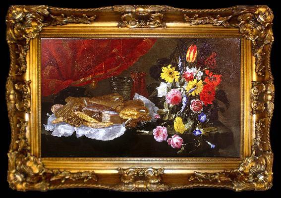 framed  Giuseppe Recco A Still Life of Roses, Carnations, Tulips and other Flowers in a glass Vase, with Pastries and Sweetmeats on a pewter Platter and earthenware Pots, on, ta009-2
