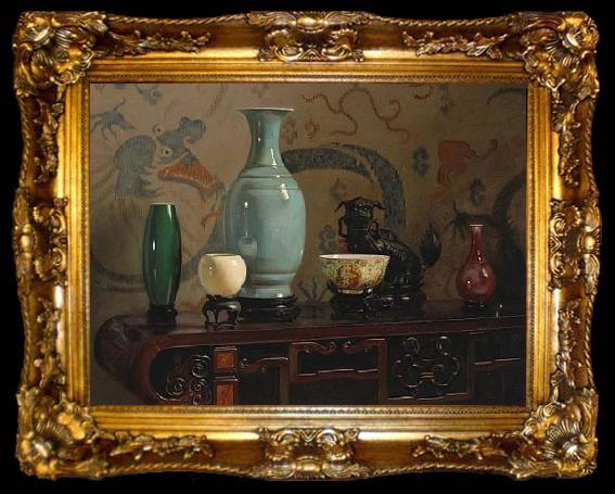 framed  Hubert Vos Asian Still Life with Blue Vase, oil painting by Hubert Vos, ta009-2