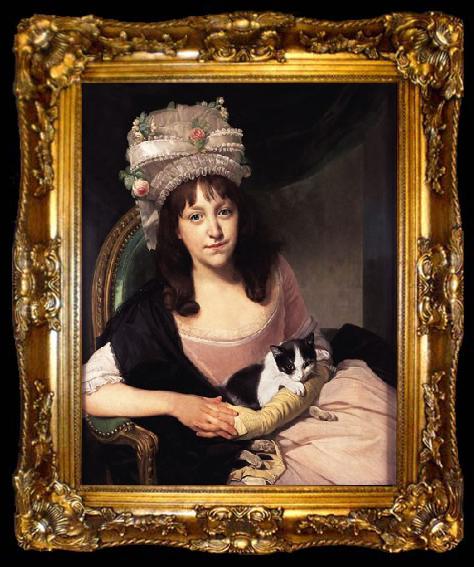 framed  Johann Zoffany Portrait of Sophia Dumergue holding a cat, ta009-2