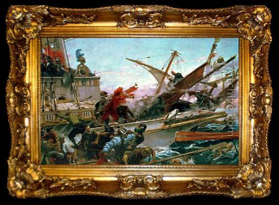 framed  Juan Luna The Naval Battle of Lepanto of 1571 waged by Don John of Austria. Don Juan of Austria in battle, at the bow of the ship,, ta009-2