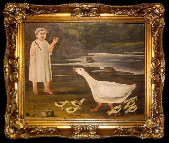 framed  Niko Pirosmanashvili A girl and a goose with goslings, ta009-2