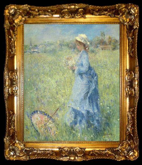 framed  Pierre-Auguste Renoir Femme cueillant des Fleurs oil on canvas painting by Pierre-Auguste Renoir, ta009-2