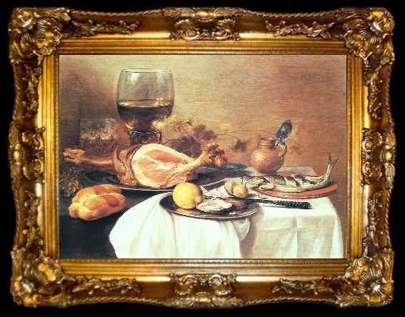 framed  Pieter Claesz A ham, a herring, oysters, a lemon, bread, onions, grapes and a roemer, ta009-2