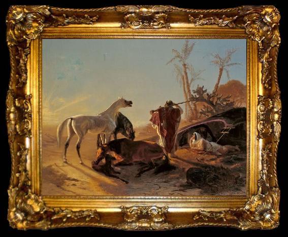 framed  Theodor Horschelt Rastendes Beduinenpaar mit Araberpferden, ta009-2