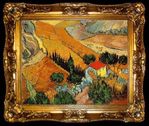 framed  Vincent Van Gogh Valley with Ploughman Seen from Above, ta009-2