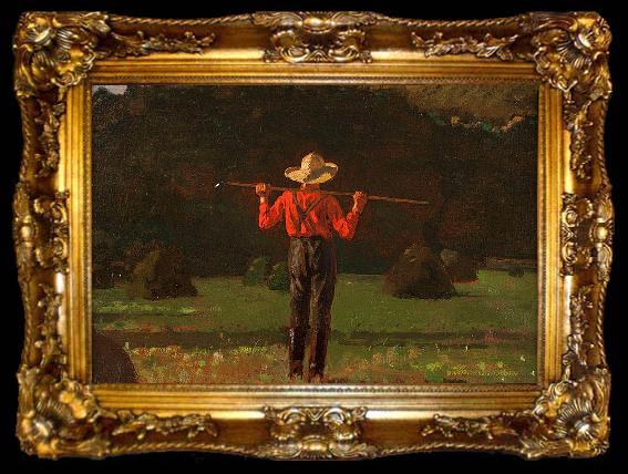 framed  Winslow Homer Farmer with a Pitchfork, oil on board painting by Winslow Homer, ta009-2