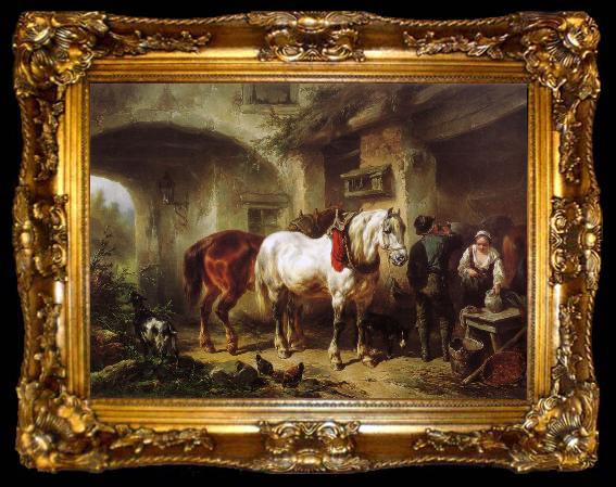 framed  Wouterus Verschuur Horses and people in a courtyard, ta009-2