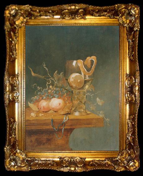 framed  unknow artist Stilleben mit verschiedenen Fruchten, einem groben Romerglas und einer Uhr auf einer Tischkante, ta009-2