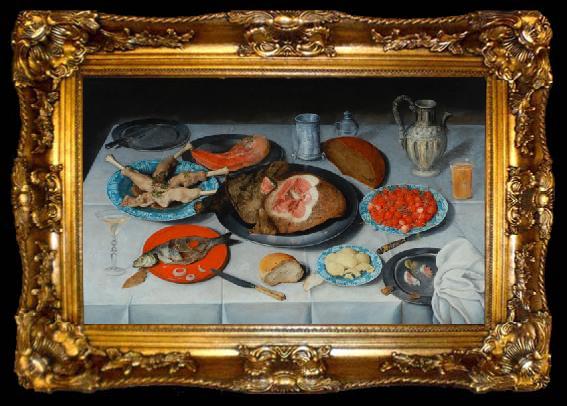framed  unknow artist Breakfast piece with a fish, ham and cherries, ta009-2