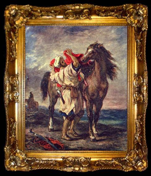 framed  Eugene Delacroix Marokkaner beim Satteln seines Pferdes, ta009-2