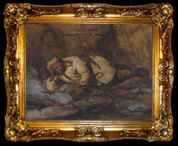 framed  Francois Auguste Biard A Laplander asleep by a fire, ta009-2