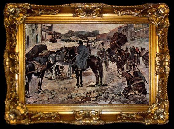 framed  Giovanni Fattori Dorfstrasse mit Bauern, Maultieren und Handlern, ta009-2