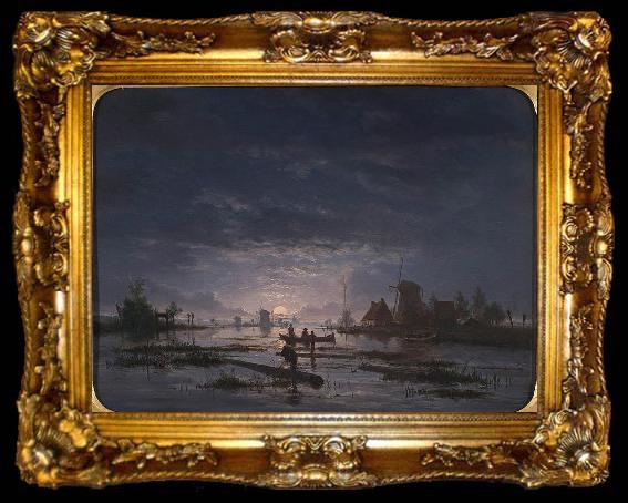 framed  Jacob Abels An Extensive River Scene with Fishermen at Night, ta009-2