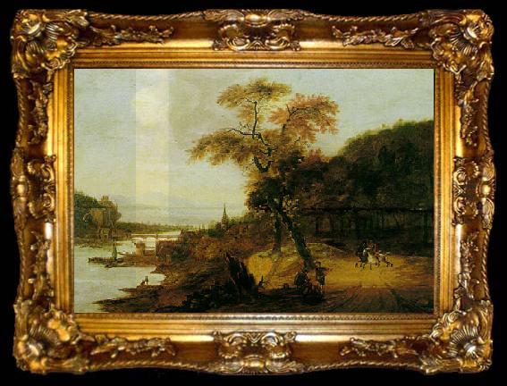 framed  Jacob van der Does Landscape along a river with horsemen, ta009-2