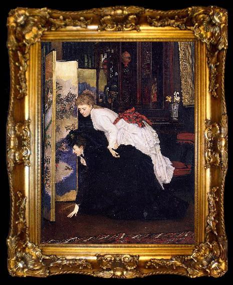 framed  James Tissot Young Women Looking at Japanese Objects, ta009-2