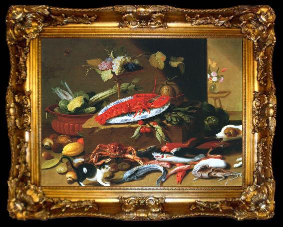 framed  Jan Van Kessel Chien et chat devant un homard, ta009-2
