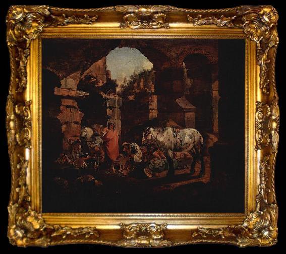 framed  Johann Heinrich Roos Zigeunerlager in antiken Ruinen, ta009-2