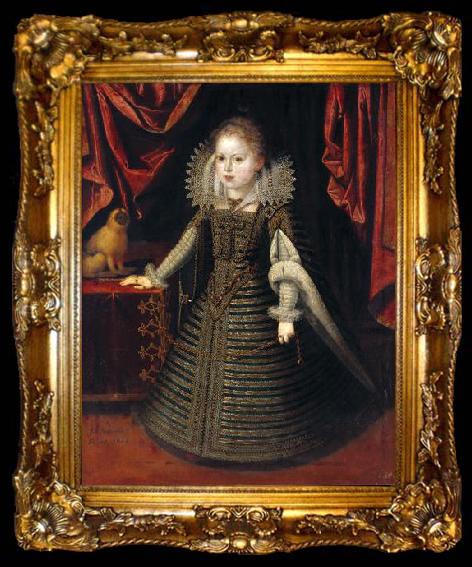 framed  Juan Pantoja de la Cruz Infantin Anna (1601-1666), Konigin von Frankreich, Bildnis in ganzer Figur mit einem Lowenaffchen, ta009-2