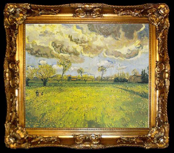 framed  Vincent Van Gogh Meadow with flowers under a stormy sky, ta009-2