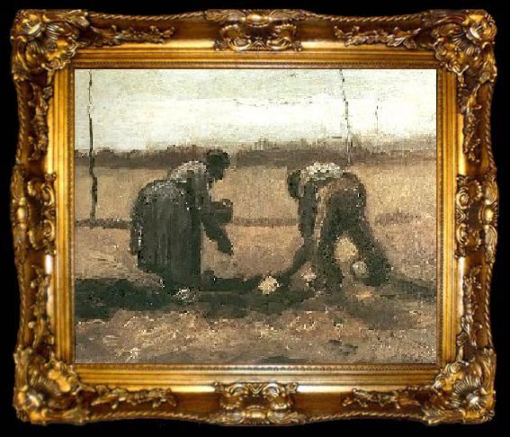 framed  Vincent Van Gogh Peasant and Peasant Woman Planting Potatoes. Nuenen, ta009-2
