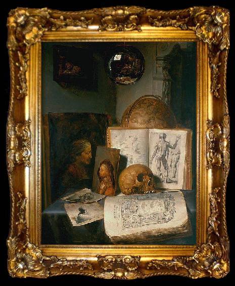framed  simon luttichuys Vanitas still life with skull, books, prints and paintings by Rembrandt and Jan Lievens, with a reflection of the painter at work, ta009-2
