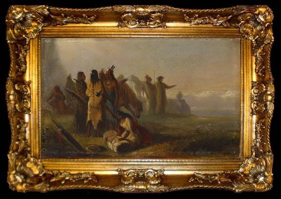 framed  Alfred Jacob Miller Scene of Trappers and Indians, ta009-2