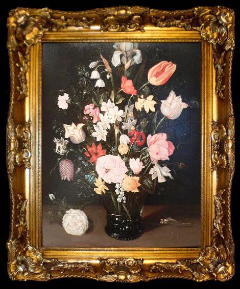 framed  Ambrosius Bosschaert Flowers in a glass vase, ta009-2