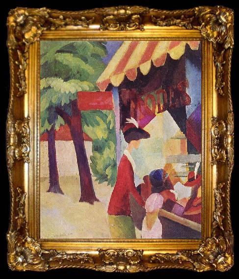 framed  August Macke Vor dem Hutladen (Frau mit roter Jacke und Kind), ta009-2