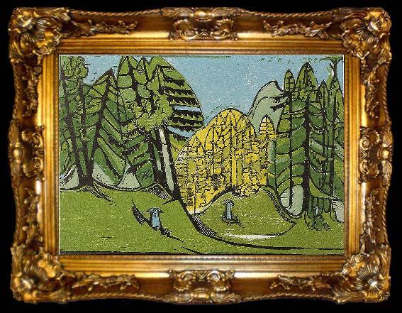 framed  Ernst Ludwig Kirchner Forest-cemetery - Colour-wood-cut - 35 - 50 cm - Kirchner Museum Davos, ta009-2