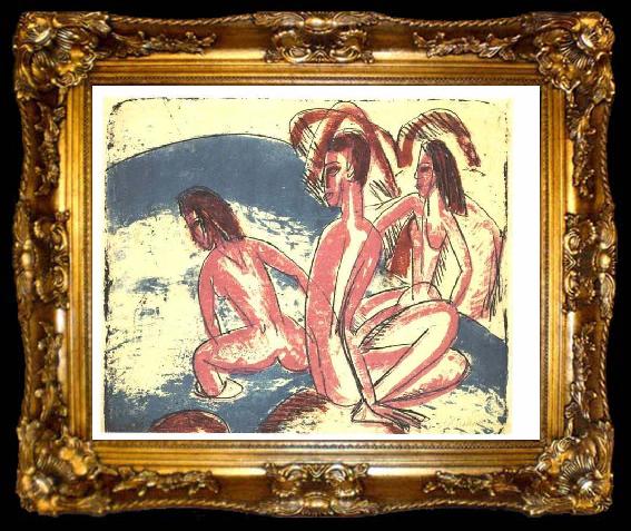 framed  Ernst Ludwig Kirchner Tree bathers sitting on rocks, ta009-2
