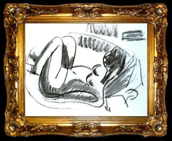 framed  Ernst Ludwig Kirchner Reclining nude in a bathtub with pulled on legs - black chalk, ta009-2