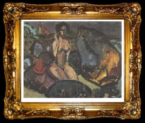 framed  Ernst Ludwig Kirchner Bathing woman between rocks, ta009-2
