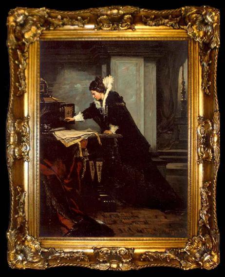 framed  Frank Blackwell Mayer Queen Elisabeth Signs the Condemnation to Death to Mary Stuart, ta009-2