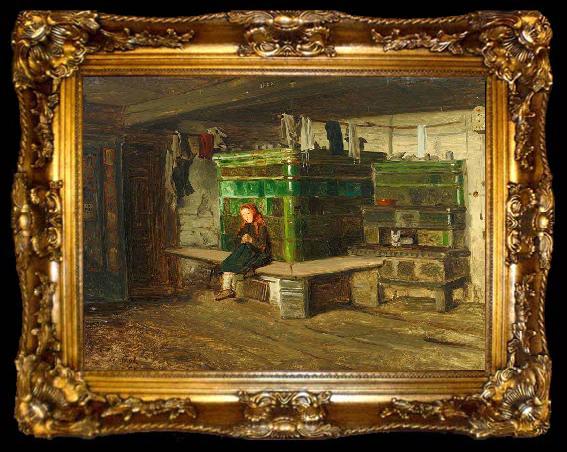 framed  Georg Saal view into a Blackforest living room with small girl on the oven bench, ta009-2