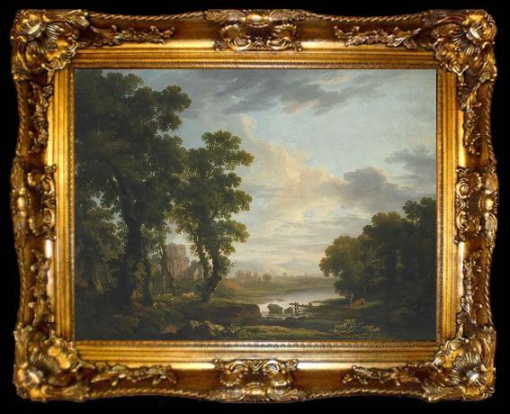 framed  George Barret An extensive wooded river landscape with shepherds recicling in the foreground and ruins beyond, ta009-2