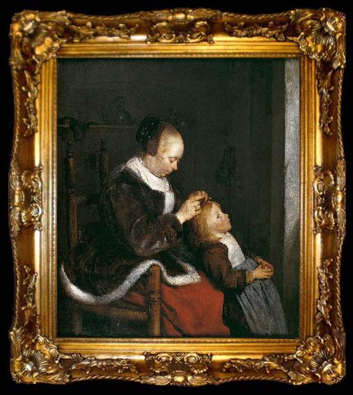 framed  Gerard ter Borch the Younger A mother combing the hair of her child, known as Hunting for lice, ta009-2
