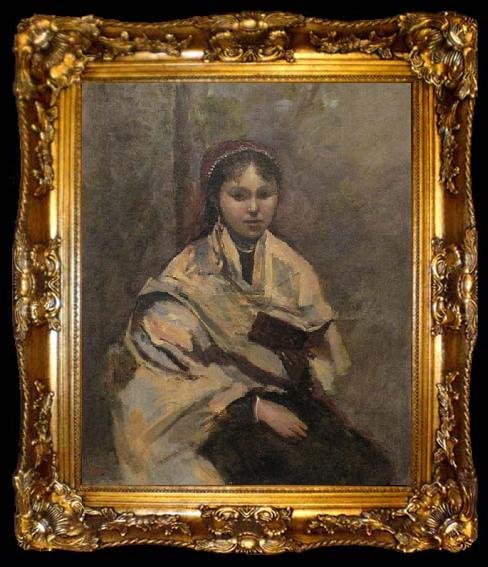 framed  Jean-Baptiste Camille Corot Jeune fille assise un livre a la main, ta009-2