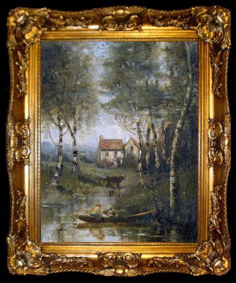 framed  Jean-Baptiste-Camille Corot La riviere en bateau et la maison, ta009-2