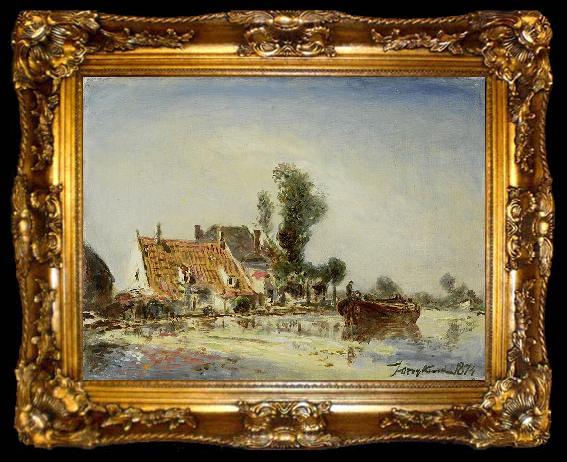 framed  Johan Barthold Jongkind Houses along a Canal near Crooswijk, ta009-2