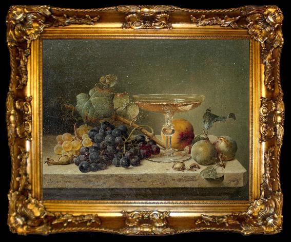 framed  Johann Wilhelm Preyer nuts and a glass on a marble ledge, ta009-2