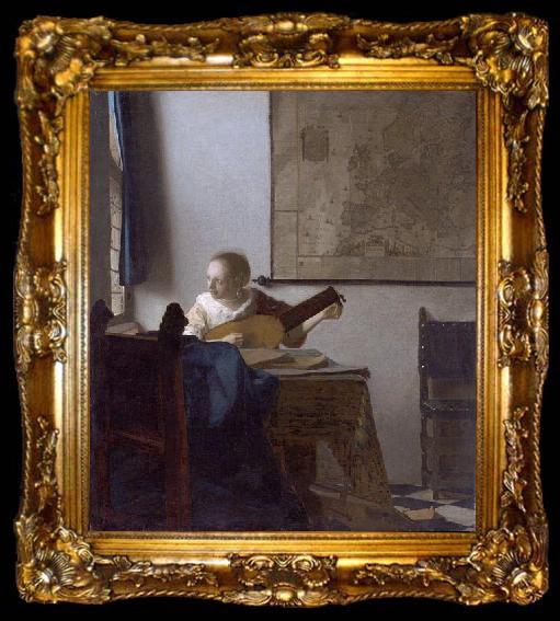 framed  Johannes Vermeer Woman with a lute., ta009-2