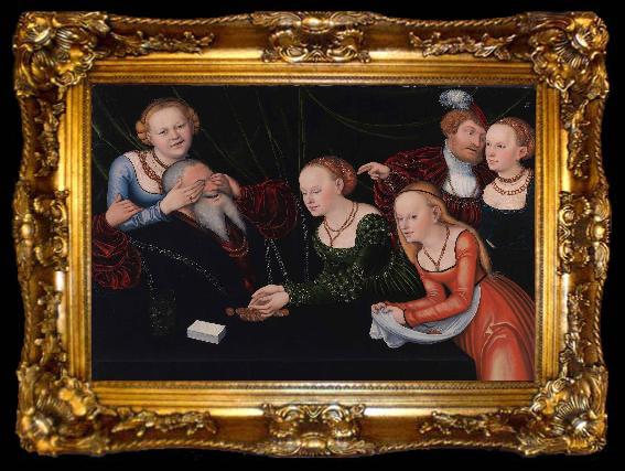 framed  Lucas Cranach the Elder Old man beguiled by courtesans, ta009-2
